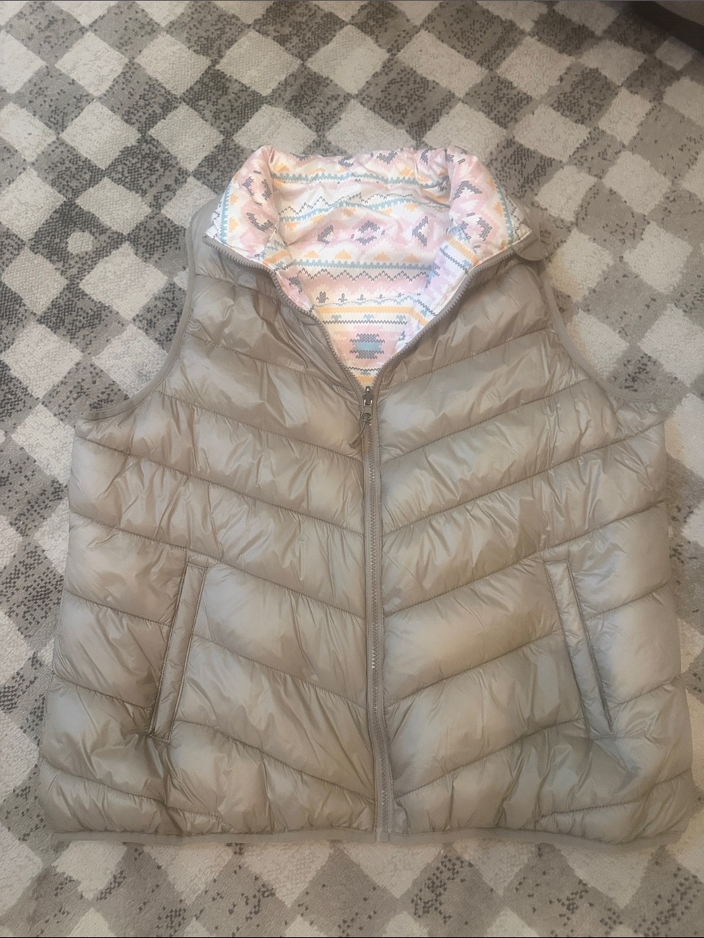 Light Gray Girls' Puffer Vest with Patterned Lining—reversible. Never worn